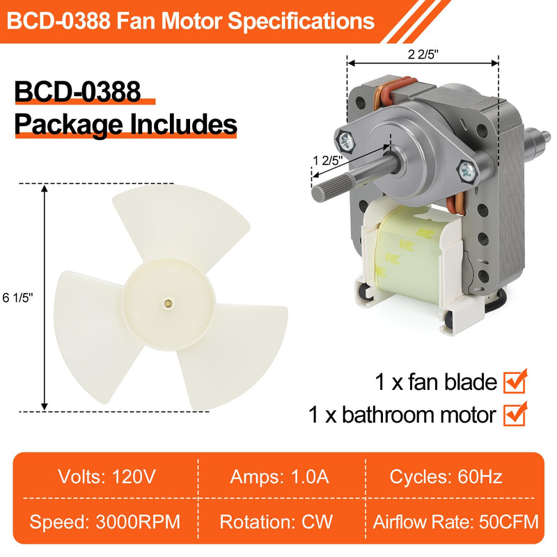 BCD-0388 Ceiling Exhaust Fan Motor and Blade Combo – Quiet 1.0 Sones, 50 CFM High Airflow Replacement for Mobile Home Bathroom Exhaust Fan – Compatible with V2262-50, V2244-50, V2245-50 Models