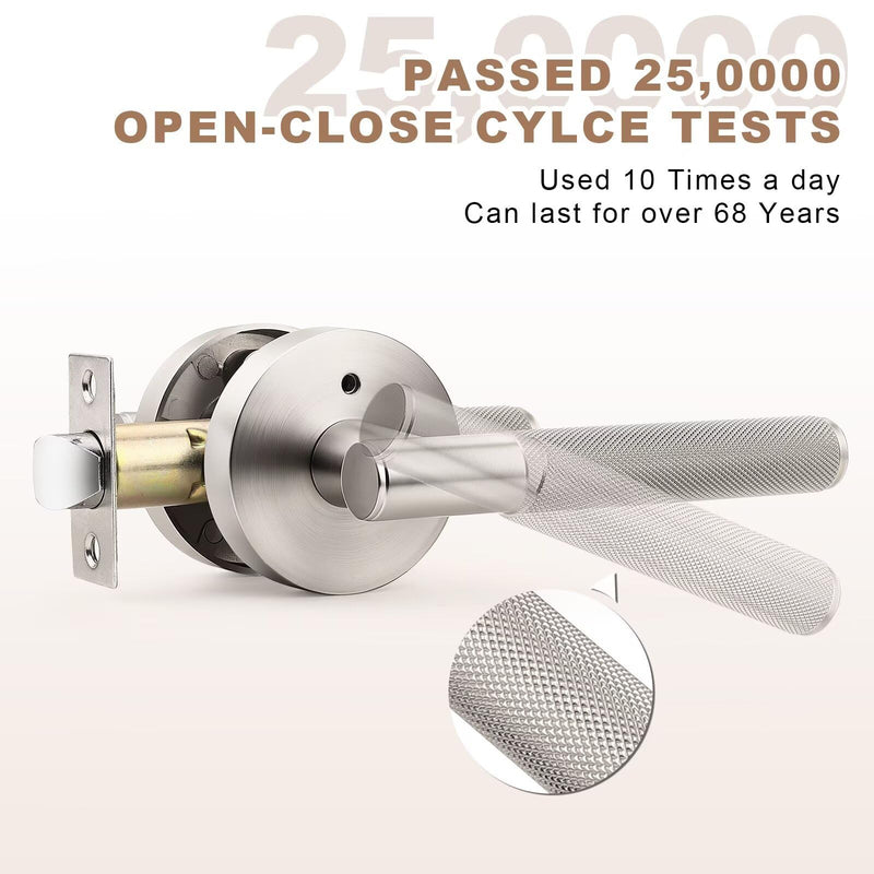 Brushed Nickel Privacy Door Handles, Sliver Interior Door Levers for Bathroom and Bedroom, Knurled Keyless Satin Nickel Door Knob, Reversible for Right & Left Side, 1 Pack Privacy Door Handle