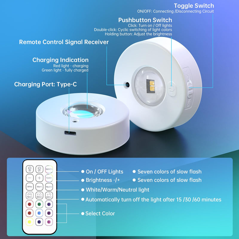 6 Pack Under Cabinet Lighting,Puck Lights with Remote,1200mAh Battery Operated Wireless Cloest Light,Under Counter Lights for Kitchen,Shelf,Hallway