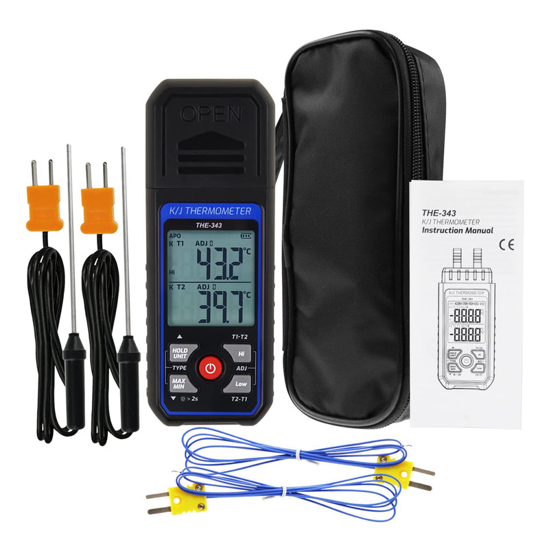 Thermocouple Thermometer Digital K Type Thermometer with 4 Thermocouples, -328~2500℉ Measuring Range HVAC Dual Channels Temperature Meter Gauge with LED Backlight & ADJ Compensation Black