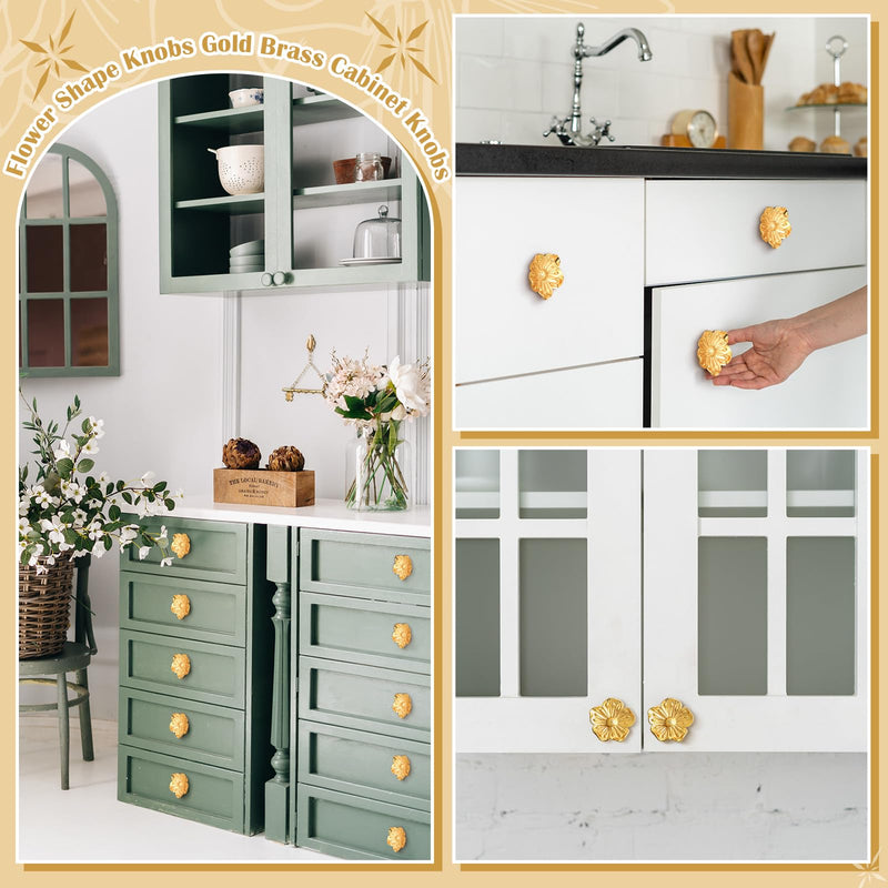 MorningRo 6 Pack Brushed Gold Flower Cabinet Knobs Kitchen Gold Drawer Pulls Bathroom Zinc Petal Handles for Dresser Drawer Decoration Knob of Cupboard Furniture Hardware