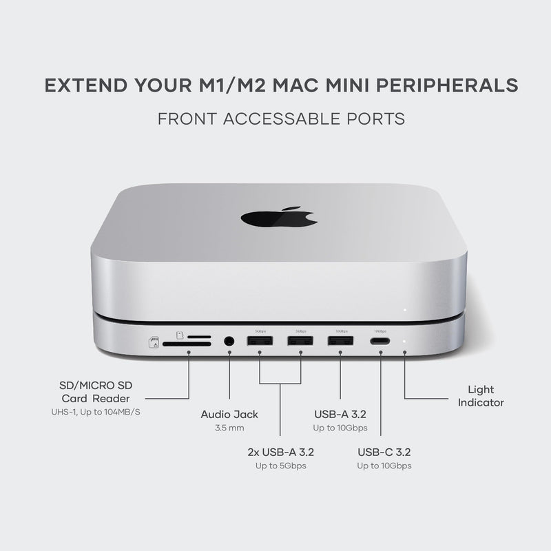 Satechi Mac mini Hub & Stand with SSD Enclosure for NVME/SATA M.2, Mac mini Dock with USB C 10Gbps, 3 USB A 5/10Gbps, 2.0 Audio Jack, for Mac Studio, Mac mini M2/M1 (Not Compatible with M4) - Silver NVMe SATA SSD