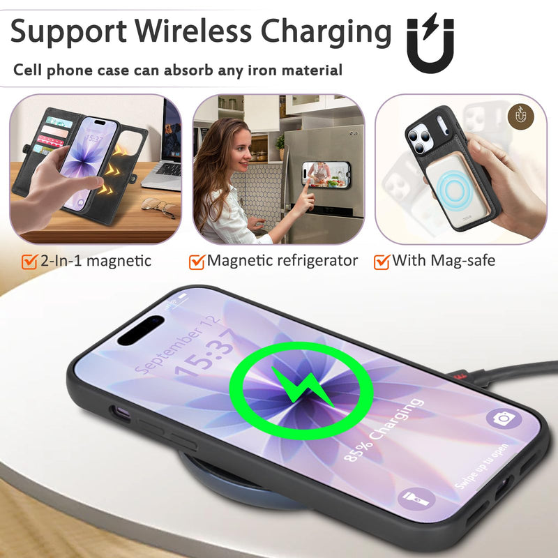 for Wallet Case Compatible with iPhone 17 Pro Max,Multi-Function Detachable 2 in 1 Magnetic iPhone 17ProMax Case Wallet,Flip Strap Zipper Card Holder Phone Case with Shoulder Strap(Darkgray) DarkGray