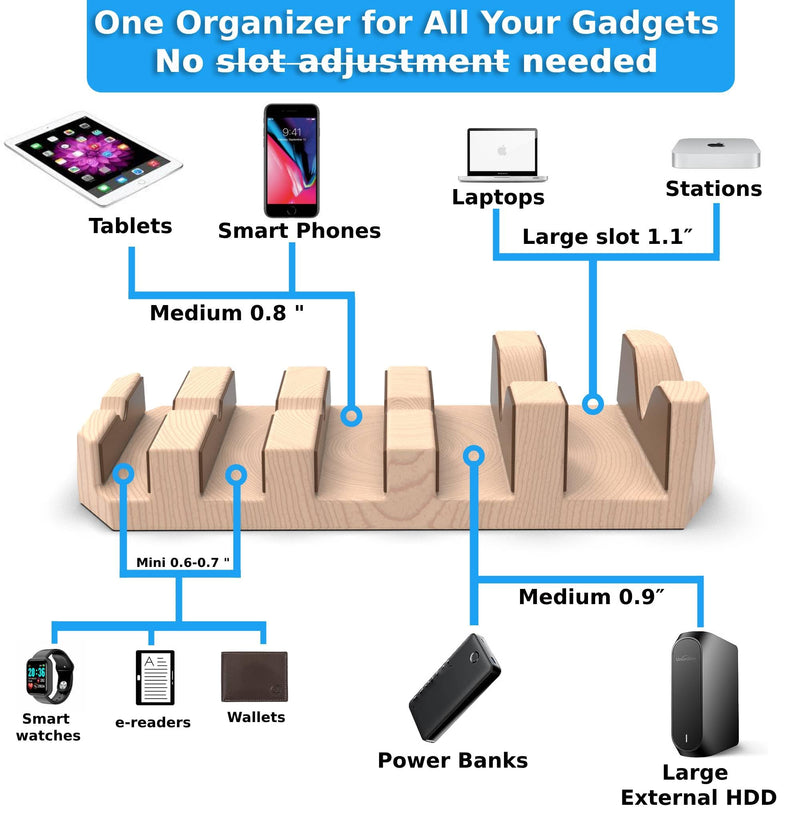 Oak Multi-Device Organizer with Cord Organizer and Anti-Scratch Pads Accessories Set – Vertical Stand for Laptops, Tablets, Phones, and External Hard Drives – Desk Station Dock for Home Office