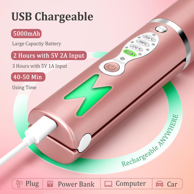 Cordless Titanium Hair Straightener and Curler w Cover, Portable USB Rechargeable Fast Heat Up Flat Iron Travel Size with 5V/5000mAh Battery, Anti-Scald 3-Level for Smooth, Swift and Glossy Hair(Pink Pink