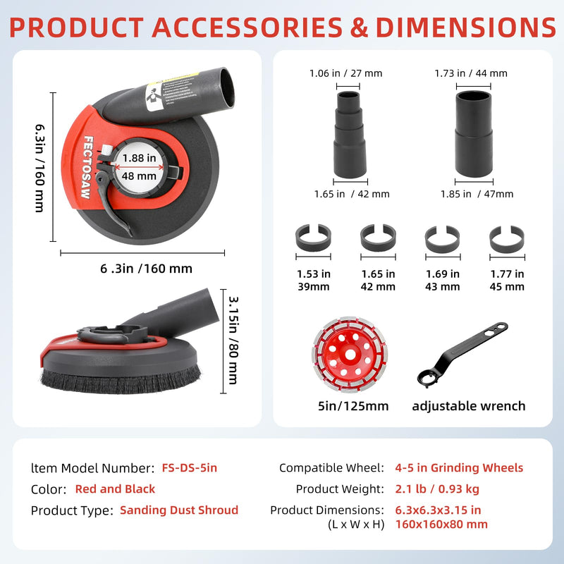 Dust Shroud for Angle Grinder with Diamond Grinding Cup Wheel, 4.5–5 Inch & 7 Inch, Universal Concrete Surface Grinding Tool for Marble and Granite (5-inch Dust Shroud + Grinding Wheel) 5-inch Dust Shroud + Grinding Wheel
