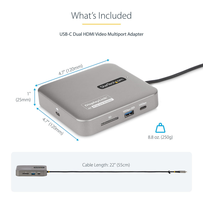 StarTech.com 7-in-1 USB C DisplayLink Dual Monitor Docking Station, Dual 4K 60Hz HDMI Dock for MacBook M1 M2 M3 M4 & Windows, USB 10Gbps Hub, Gigabit Ethernet, SD, 100W PD, 22in (56cm) Cable