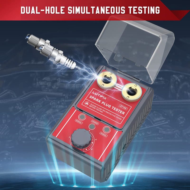 Spark Plug Tester, Automotive Dual Holes Spark Plug Tester Tool with Adjustable Dual Holes Ignition Tester and Protective Cover Spark Plug 0 to 6000rpm Adjustable for 12mm Spark Plug 2 Holes