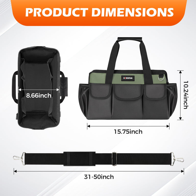 Kingfun 16 Inch Heavy Duty Wide Mouth Tool Bag with 14 Pockets | Adjustable Shoulder Strap & Padded Handle, Durable Tool Storage Bag for Electricians, Mechanics & more (Green) Green