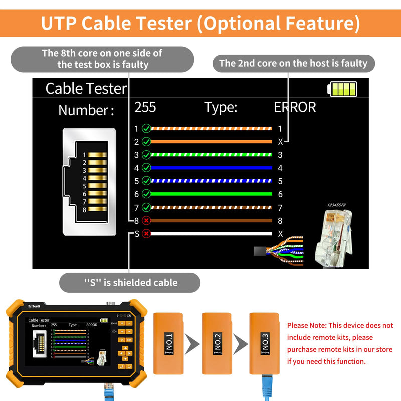 Rsrteng CCTV Tester Monitor Auto HD Coaxial Camera Tester 4K 8MP TVI/CVI/AHD/CVBS Analog Video Monitor 4.3 inch TFT-LCD Screen PTZ Control RS485 Call OSD Menu Audio DC12V Power Output Yellow