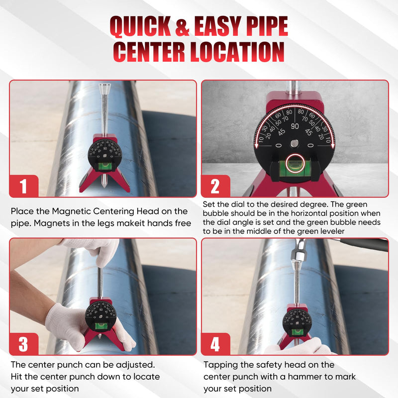 Magnetic Pipe Center Finder Tool, Y-Shape Pipefitter Gauge with Adjustable Bubble Protractor, Fits 0.5" to 4" Pipes, 2.75" Centering Head for Accurate Layout