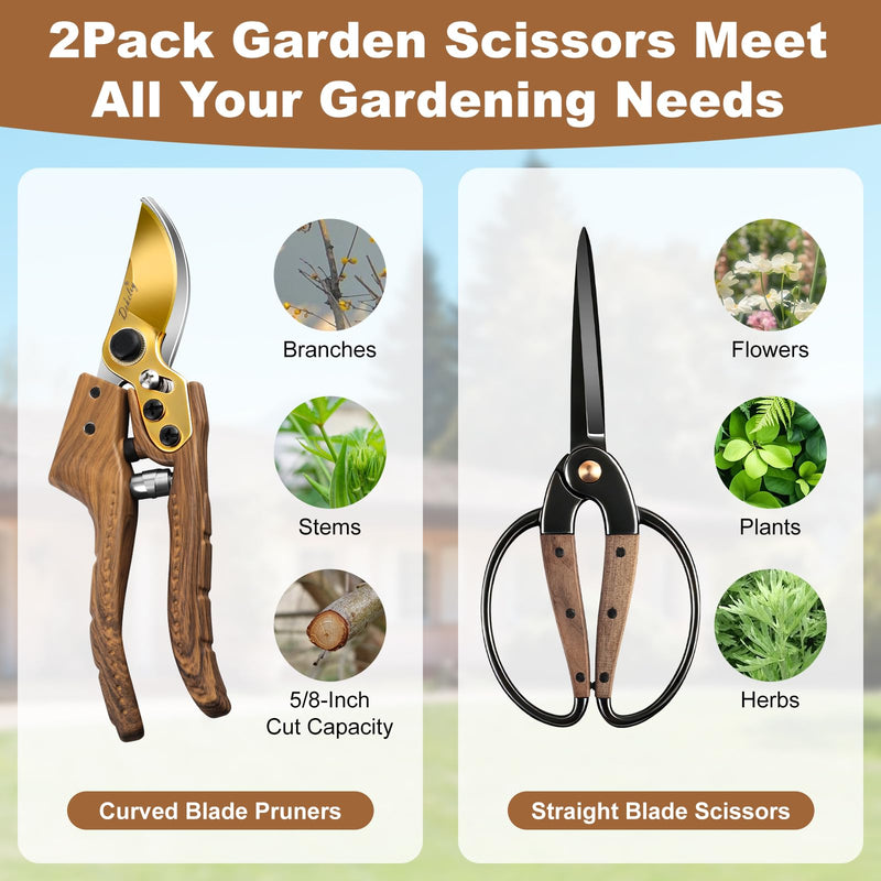 2Pack Garden Pruning Shears Set: Ultra Sharp SK5 Blade Gardening Shears & Precision Garden Scissors,Wood Like&Wide Walnut Ergonomic Handle,Perfect for Plant,Bonsai,Shrub,floral,Branch Trimming