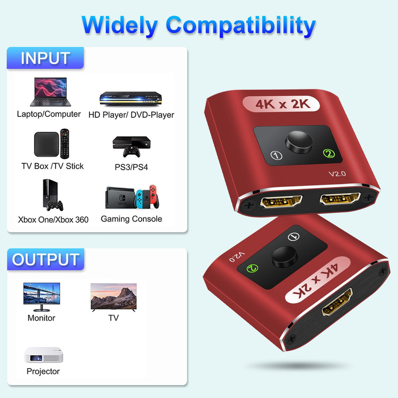 HDMI Switch Splitter 4K@60Hz, Aluminum Bi-Directional HDMI 2.0 Switcher, HDMI Splitter 1 in 2 Out/ 2 in 1 Out, Support 4K 3D HDR for Xbox, PS5/4/3, Fire Stick, Roku, HDTV, Projector, Computer(red)