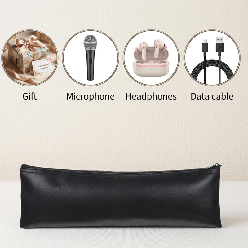 2 Pack Microphone Bags,12"X4" Black PU Leather Microphone Pouch | Portable Microphone Case for Wireless Mic Protector Mic Storage Bag Black Zipper Storage Pouches for Carrying
