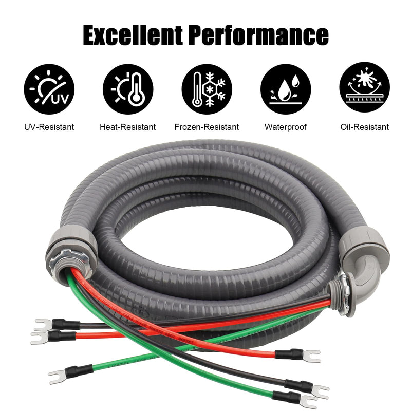 1/2 Inch AC Whip Assembly Kit 4 FT with Terminal, Non-Metallic Liquid Tight Electrical Conduit with 10/3 Gauge THHN Wire for Heater, Air Conditioner, Timer, Mini Split System