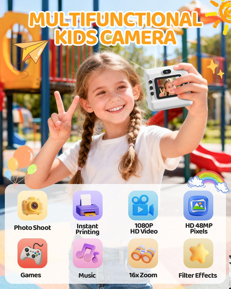 CalineGam Kids Instant Print Camera, 1080P HD Dual Lens with 32GB Card | 2.4" Screen Kids Camera with 3 Paper Rolls, 16X Zoom, Christmas Birthday Gifts for Girls and Boys Age 3-12 White
