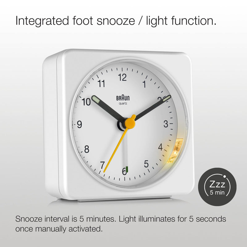 Braun Classic Analogue Alarm Clock with Snooze and Light, Quiet Quartz Sweeping Movement, Crescendo Beep Alarm in White, Model BC03W. Small