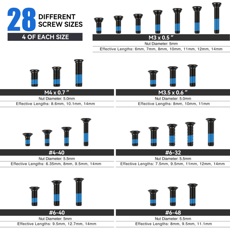VOTATU Red Dot Mounting Screws Kit - 112 Pcs (28 Sets) Gunsmithing & Optics Screws, Include M3/M3.5/M4/#6-32/#4-40/#6-40/#6-48 (4 Pcs/Set) for Red Dot Sight & Plate Mounting