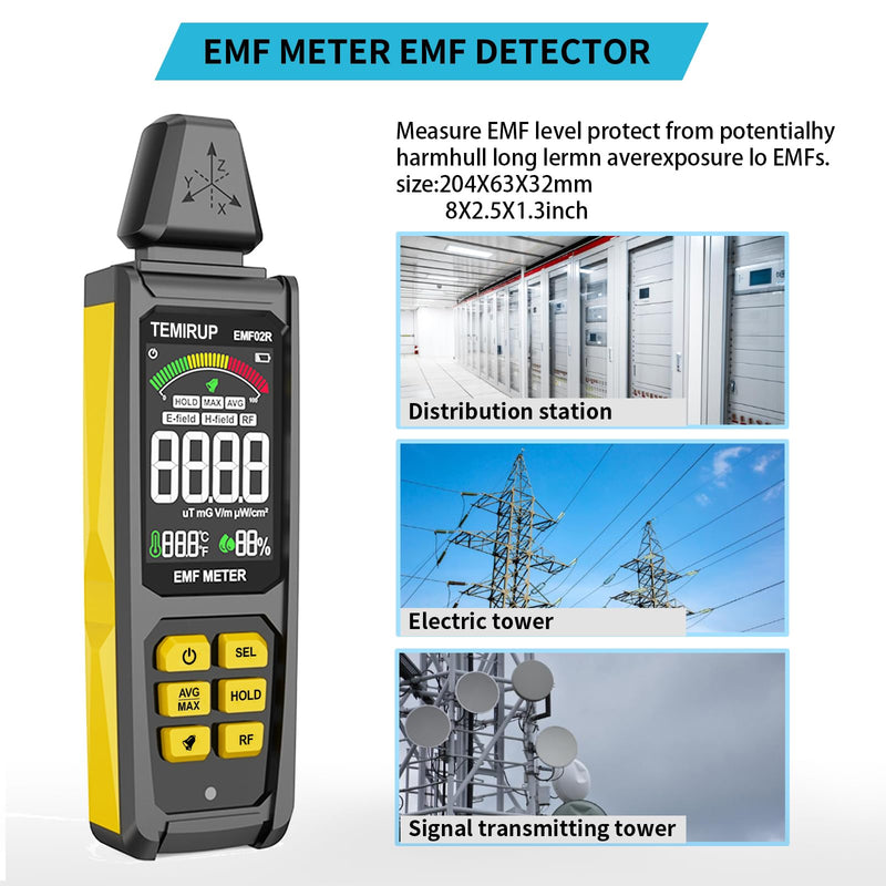 5-in‑1 EMF Detector, Electromagnetic Field Radiation Detector for EF, RF, MF, WiFi,5G Signal, Temperature/Humidity Measurement, Rechargeable EMF Meter for Home, Office, and Paranormal Investigation Yellow