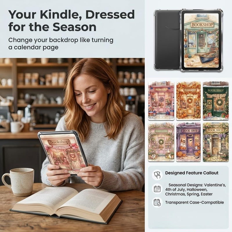 8PCS Seasonal Bookshop Kindle Insert Cardstock for Clear Case, Aesthetic Bookstore Back Inserts for E-Reader, Holiday & Year-Round Designs for 6.8'' Devices, Book Lover Accessories Gift Seasonal Bookshop Insert for Kindle Case