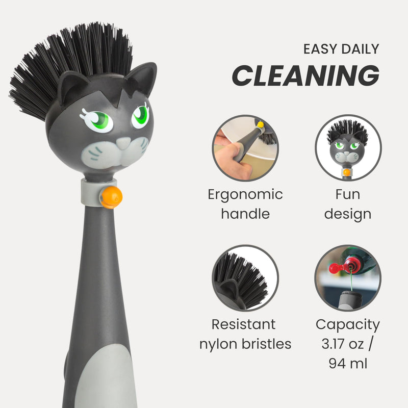 Vigar Felix Cat-Shaped Soap Dispensing Dish Brush, Dish Brush with Soap Dispenser for Pot Scrubber, Dishes, Sink, and Kitchen Essentials, Black, Gray Multicolor