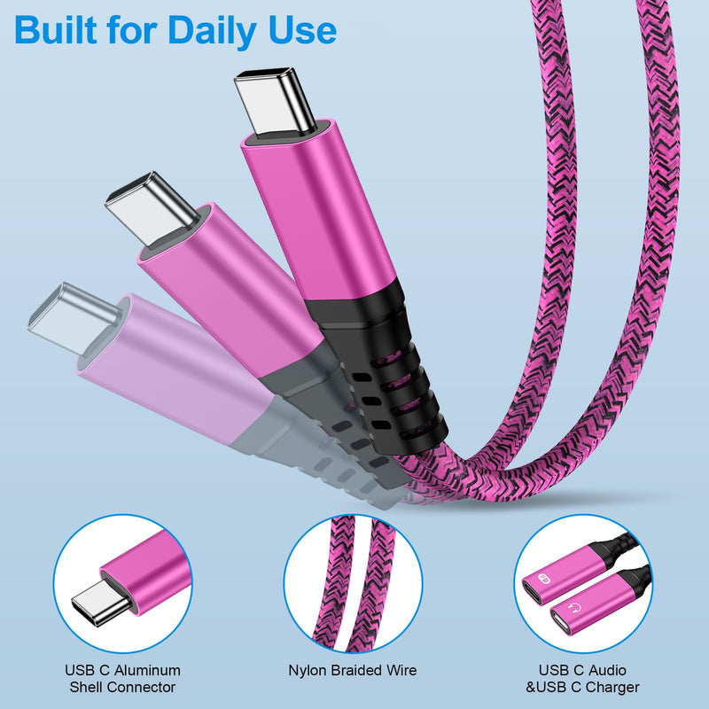 USB C Splitter for iPhone 17 16 15 Pro Max,1 in 2 Out Type C Audio Jack | Dual USB C Headphone and Charger Adapter with PD 60W Fast Charging Cable for Samsung Galaxy S26 S25 S24 Ultra Rose Red
