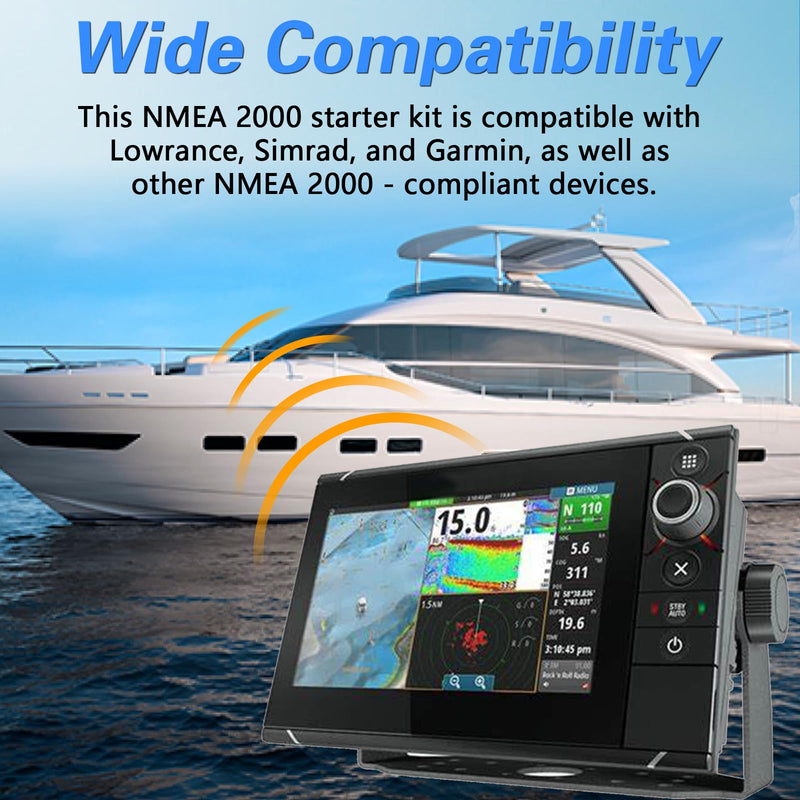 EVRBUL Marine Grade NMEA 2000 Starter Kit, NMEA 2000 Backbone Cables Drop Cables Dual Tee Connector Male/Female Terminators Compatible with Lowrance Simrad Garmin Device