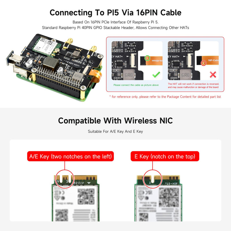 waveshare PCIe to M.2 E Key Adapter with PoE Function, Compatible with Raspberry Pi 5, Support NGFF (M.2 E Key) Wireless NIC, Raspberry Pi 5 PCIe HAT