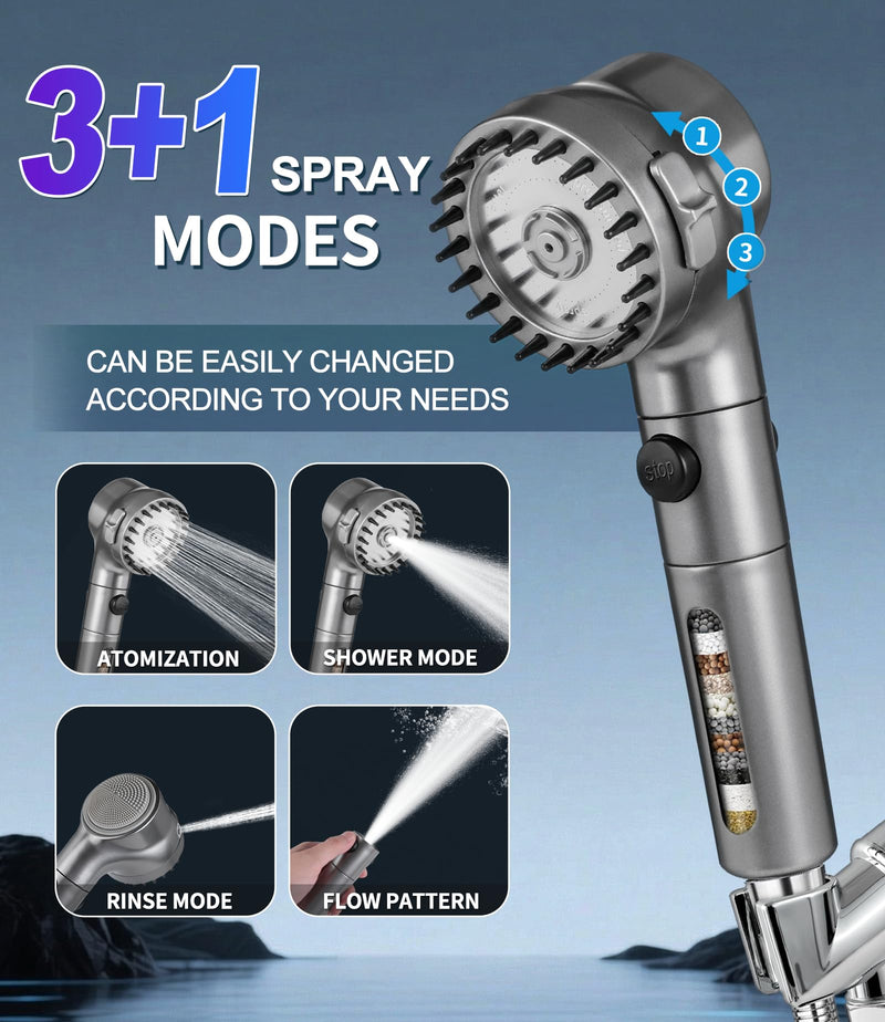 Ion Drops Filtered Shower Head with Handheld, High Pressure Water Flow Filter Showerhead for Hard Water Boosting with ON/OFF Switch and Rotatable Head (Silver gray) Silver gray