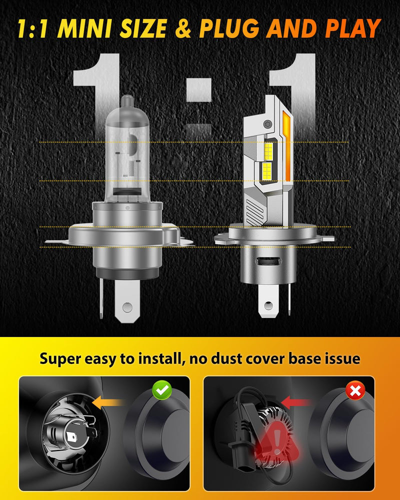 Upgraded H4/9003/HB2 Bulbs, 50,000LM 10X Ultra Bright, Real 1:1 Mini Size, 6500K Cool White H4 9003 Fog Lights Bulb with Cooling Fan, IP68 Waterproof, Plug and Play, Pack of 2