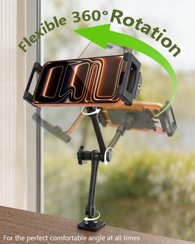 Camping Tablet Holder, Adjustable Clip-on Stand for RV & Picnic | C-clamp fits 2.36" surfaces, 360° rotatable, tool-free installation, compatible with 6–15.6" phones & tablets