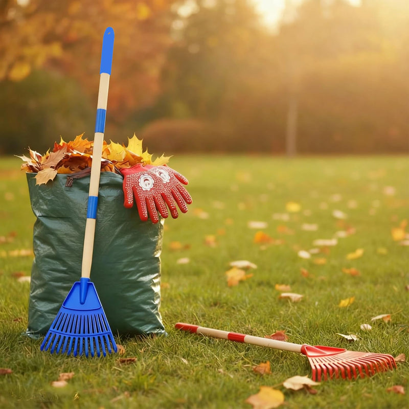 2 Pack Kids Adjustable Leaf Rake Set – 28" to 34" with Detachable Wooden Handles, Lightweight Plastic Head, Designed for Kids, Includes 2 Pairs of Gloves & Leaf Bag (Red/Blue) Red and blue