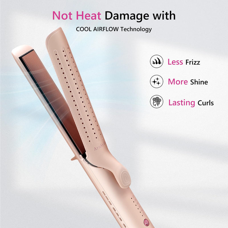2-in-1 Hair Straightener and Curler Airflow Cool-Air Function, Pink | Cold Air Anti-Scald Dual Voltage Negative Ion Extended Ceramic 3D Floating Plates Blush