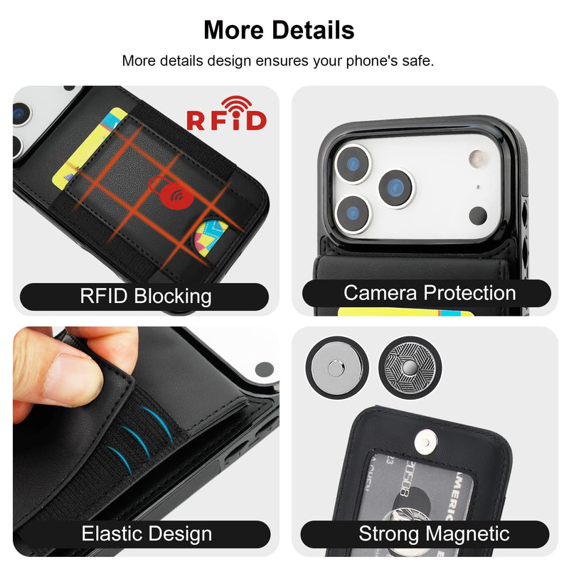KIHUWEY for iPhone 17 Pro Case Wallet with Card Holder, Large Capacity RFID Blocking Flip PU Leather Kickstand Magnetic Clasp Shockproof Protection Credit Card Slots Cover 6.3 Inch (Black) Black