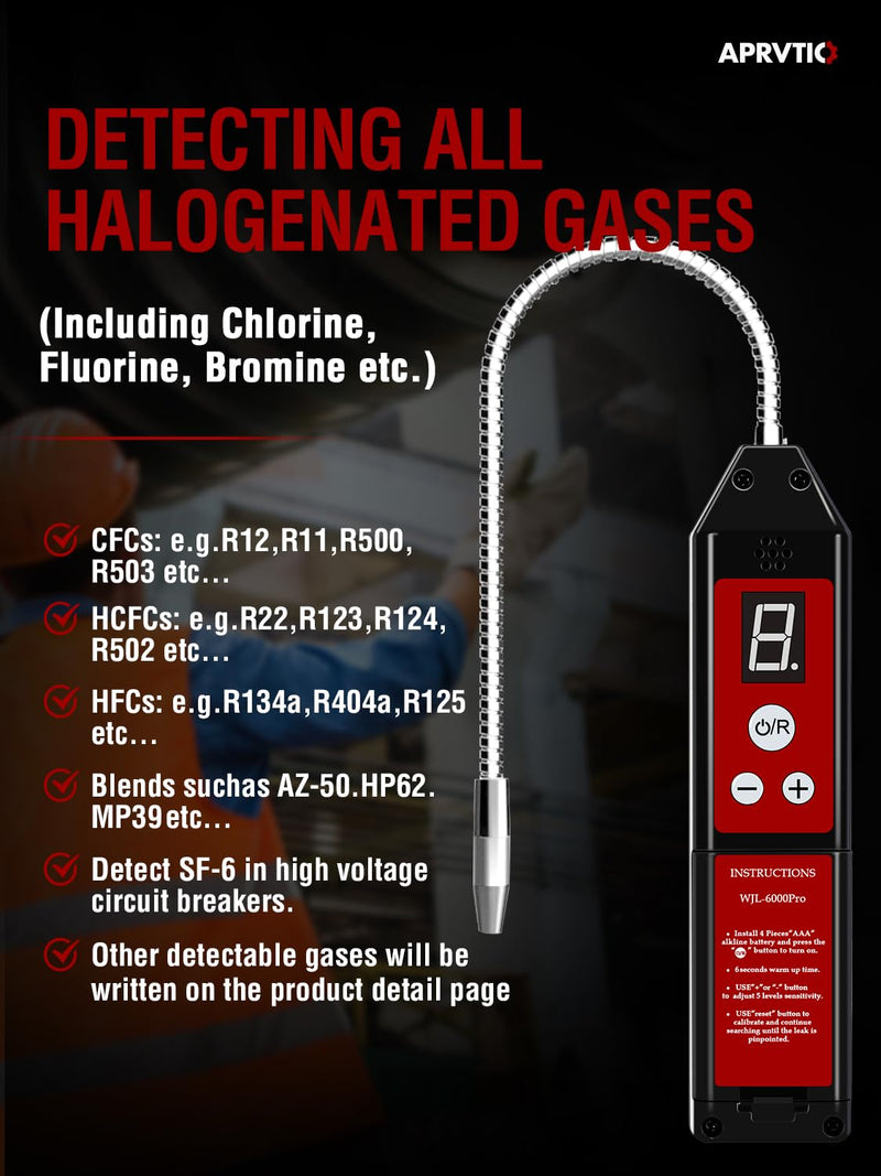 Refrigerant Leak Detector with LED Light, Aprvtio WJL-6000PRO Halogen Leak Detector Freon Gas Leakage Tester HVAC Air Condition R22 R410A R134A R1234YF CFCs HCFCs HFCs Indicator Freon Sniffer WJL-6000PRO-UV