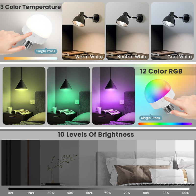 Rechargeable Battery Operated Light Bulb with Remote, Last 18-50 Hours 3000mAh Wireless LED Bulb with Timer and 15 Color Temperature, dimmable, Magnetic Puck Light for Non-Hardwired Fixture, 4 Pack White