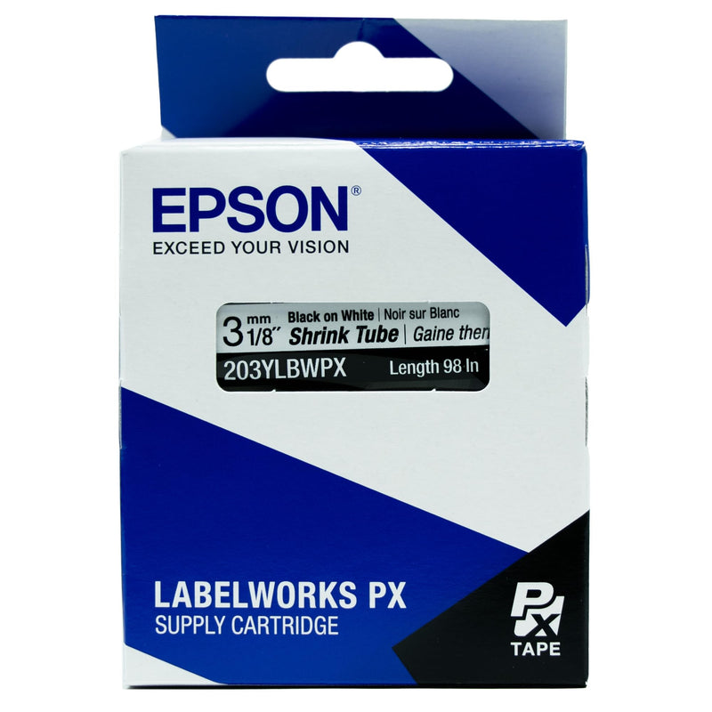Epson LABELWORKS 203YLBWPX Tape Cartridge - Black on White Shrink Tube Industrial Label Maker Tape - AWG 16-22, 1/8" (3MM) Wide, 8 ft (98") 3MM(16-22AWG)