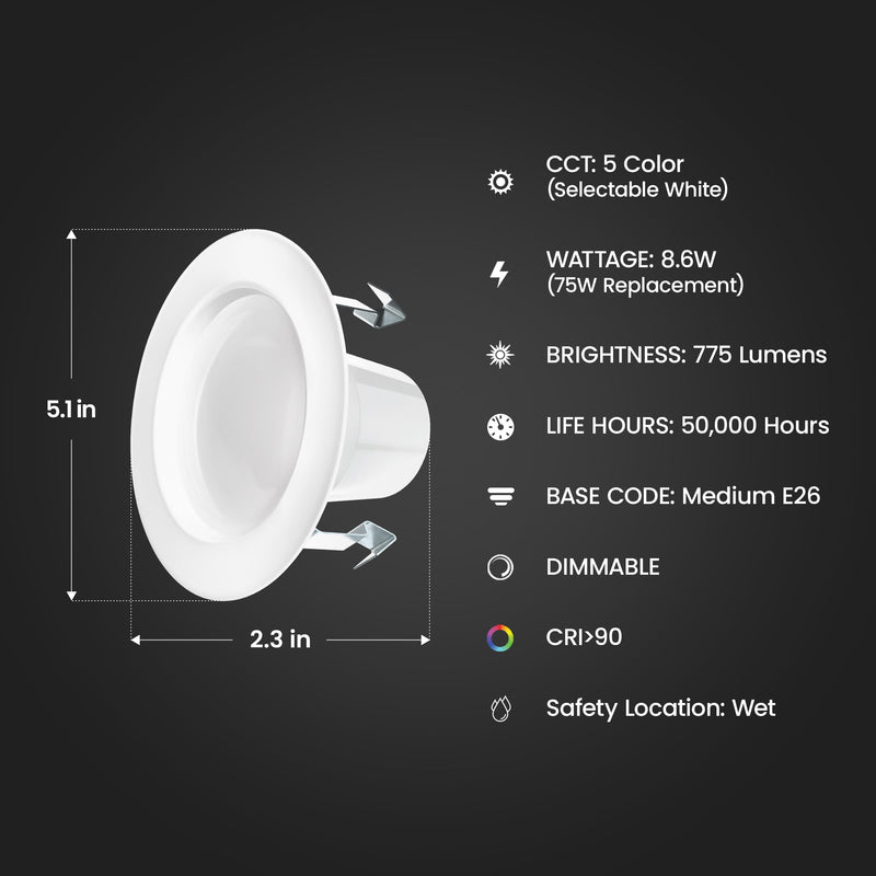 Feit Electric 4 Inch LED Recessed Downlight with Lumen Select, 75W Equivalent, Dimmable, 775 Lumens, 5CCT Selectable White 2700K–5000K, 90+ CRI, 50,000-Hour Lifetime, LEDR4HO/6WYCA/4, 4 Pack 4-Inch High Output