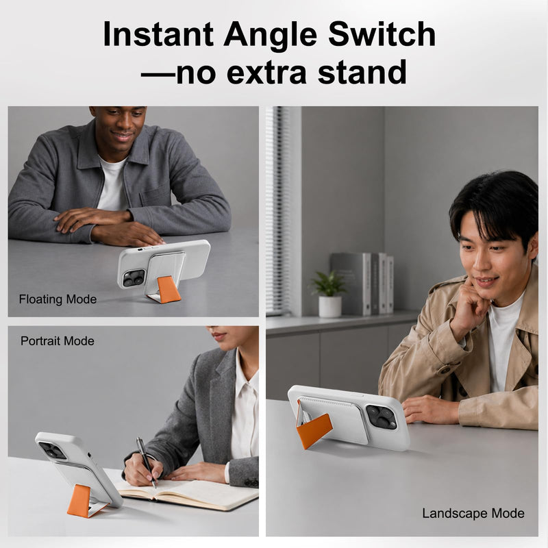 Tap & Go MagSafe Wallet Stand, 1-Card Magnetic Phone Wallet | with Grip, NFC-Friendly Slim Vegan Leather Card Holder, 3 Viewing Modes for iPhone 17/16/15/14/13/12, Black White/Orange