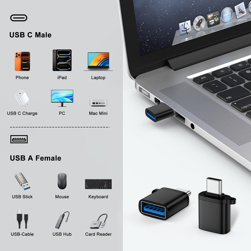 USB to USB C Adapter, USBA Male to USBC Female Car Charger Adapter 4 Pack | Type C to USB A Charger Cable Converter for iPhone 17/16/15 Pro Max MacBook Pro/Air iPad Samsung Galaxy S26/S25/S24 Ultra/FE black