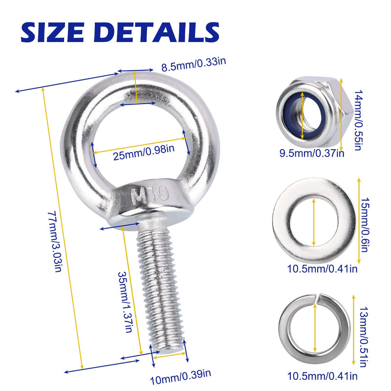 Eye Bolts with Nuts, M10 8Pcs EyeBolts 304 Stainless Steel Machinery Shoulder Lifting Ring Eye Bolt Heavy Duty Screws Bolt with Lock Nuts & Lock Washers, Flat Washers - Thread Length 35mm M10, 8 Pack