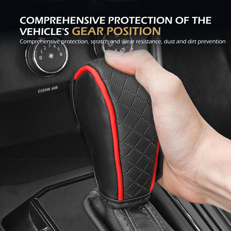 Car Gear Shift Cover, Leather Shifter Cover, Gear Shift Knob Cover for Shift Lever Protection, Universal Car Gear Shift Cover, Car Decoration Accessories (Black-Red) Red