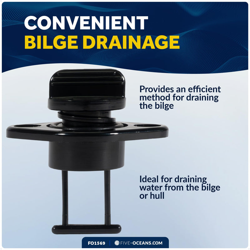 Five Oceans Kayak Drain Plug - Boat Plug - Boat Drain Plug - Captive Garboard Drain Plug, for 1-Inch Transom Hole, Oval Shape, Thread with Rubber Washer Gaskets, Black Nylon - FO1569