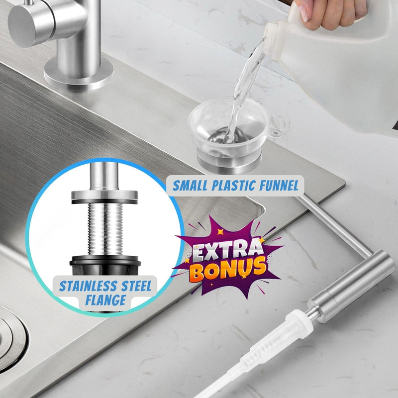  [AUSTRALIA] - Long Spout Kitchen Sink Soap Dispenser for Granite & Quartz Countertop - Brushed Nickel Stainless Steel Finished - Wide Flange Provides Great Coverage on American Standard Sink Holes 14.25 inches Brushed Stainless Steel