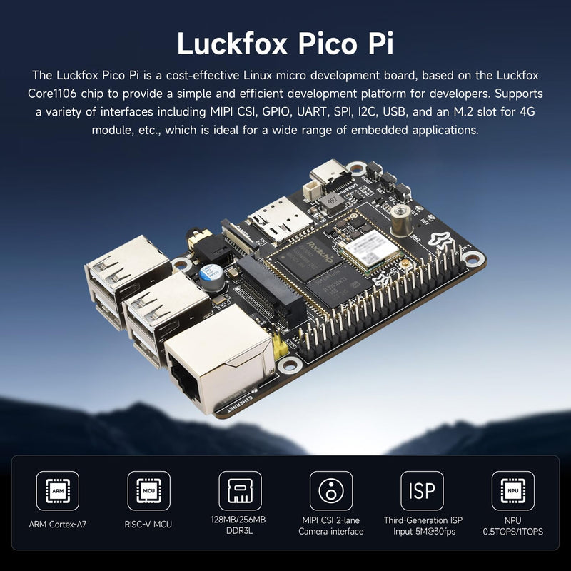 Waveshare Luckfox Pico Pi Linux Micro Dev Board, Core1106, 8GB eMMC, Intelligent Encoding Support, Built-in ISP3.2, Up to 5MP Image Processing, with Wireless, RV1106G3