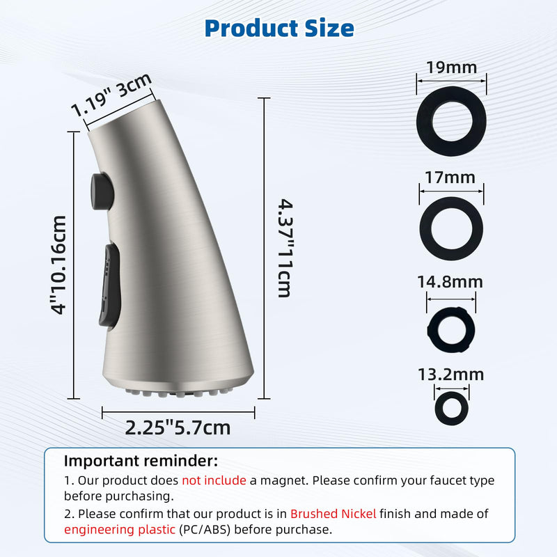 Hibbent Curved Pull Down Kitchen Faucet Head Replacement, 3-Function Kitchen Sink Spray Nozzle with 14 Adapters, Anti-Splash, Compatible with Kohler Bent Faucets, Brushed Nickel Curved Spray Head