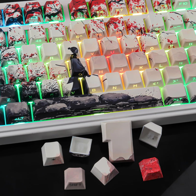 Tsungup Custom Japanese PBT Cool Keycaps, Key Caps Keyboard Keycap Set | Blossom Samurai Side Printed 131 Keys Cherry Profile for Cherry MX Switches Mechanical Keyboard