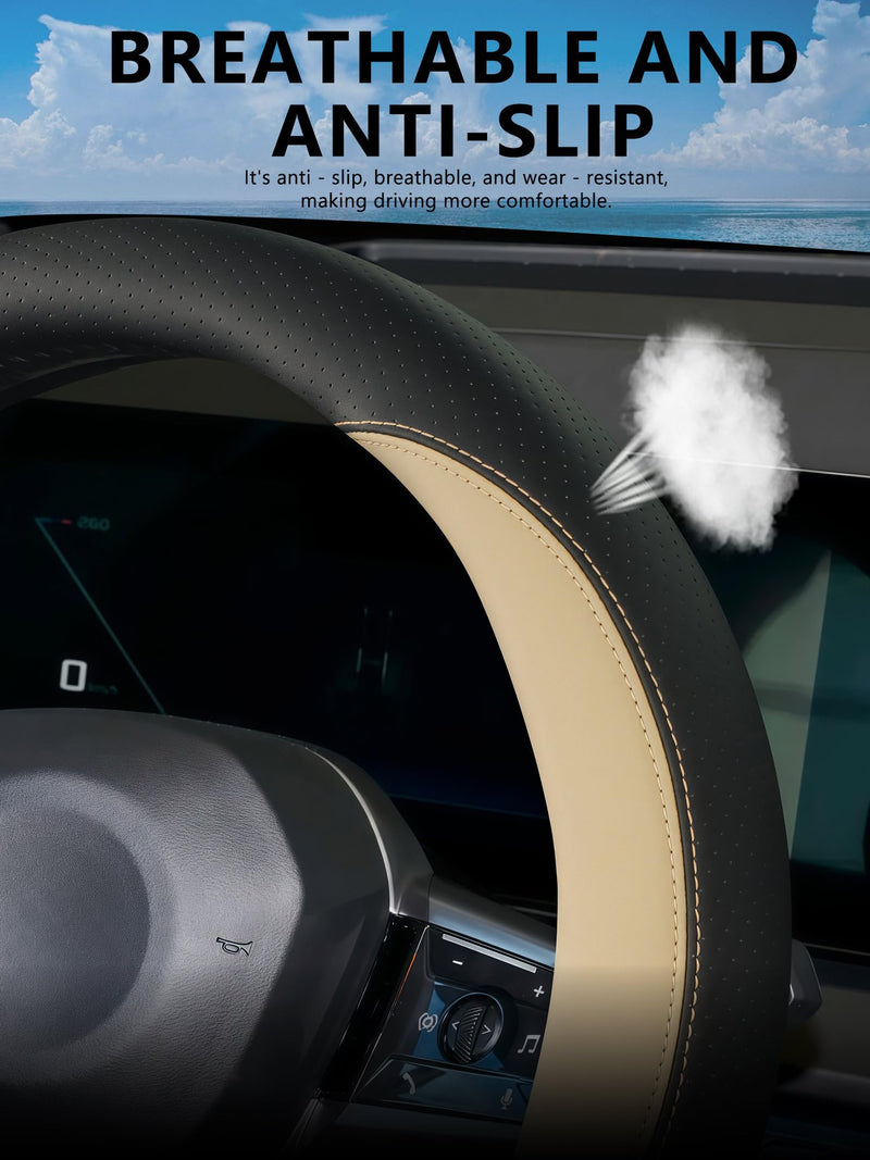 Steering Wheel Cover for BMW X3, Non-Slip D-Shaped Perforated Leather Steering Wheel Protector 14.5 Inch,Funda de Volante para BMW X3 (Beige, D Shape) Beige