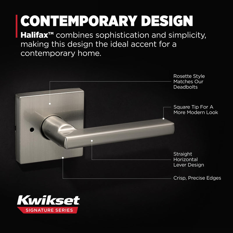 Kwikset Halifax Interior Privacy Door Handle with Lock, Door Lever For Bathroom and Bedroom, Satin Nickel Reversible Keyless Push Button Lock Door Lever, with Microban Protection 1 Pack