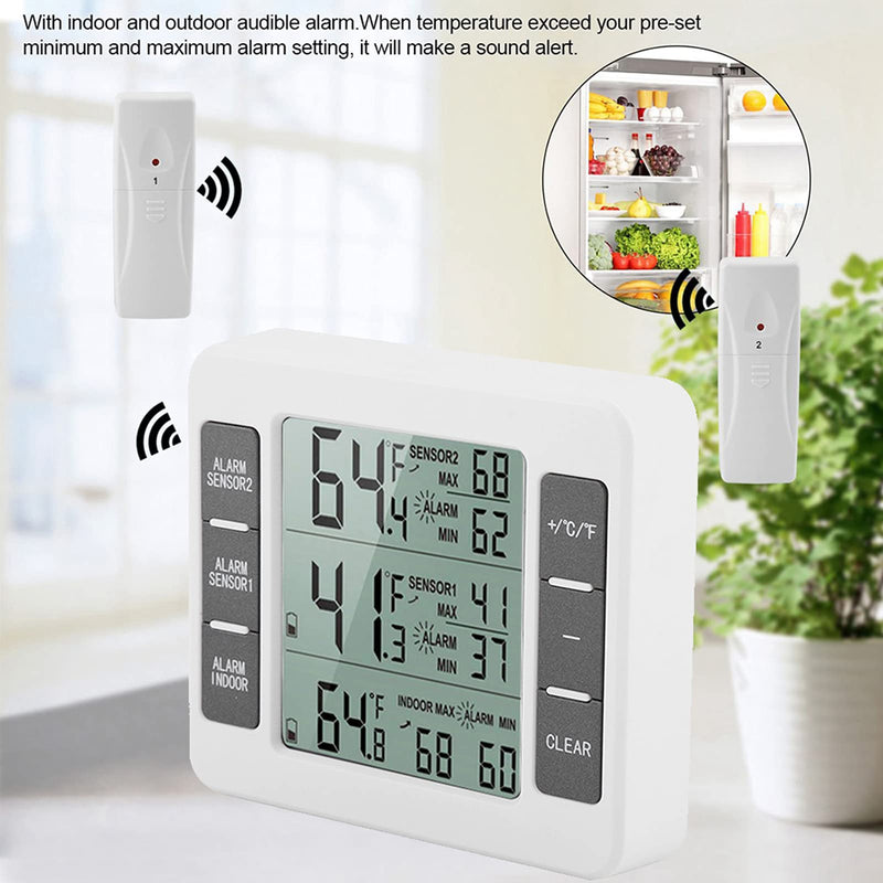 Digital Refrigerator Thermometer with Audible Alarm, 2PCS Sensor, Min Maximum Display